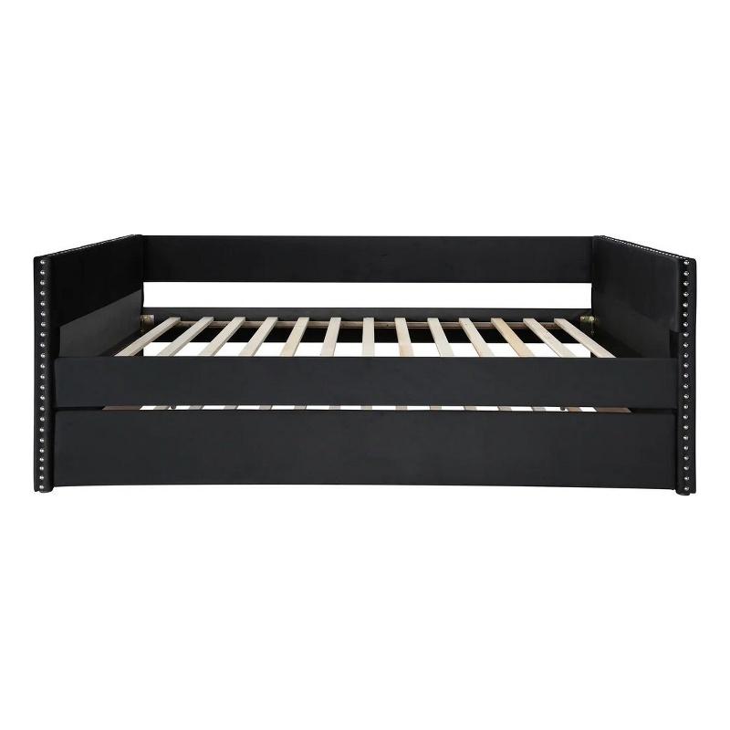 Pemberly Row Daybed with Pull Out Trundle and Nailhead Trim in Black Velvet