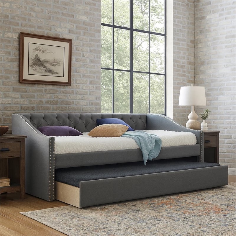 Pemberly Row Tufted Gray Daybed with Pull Out Trundle and Sloped Armrests
