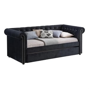 Pemberly Row Chesterfield Daybed with Trundle & Crystal Button Tufting in Black