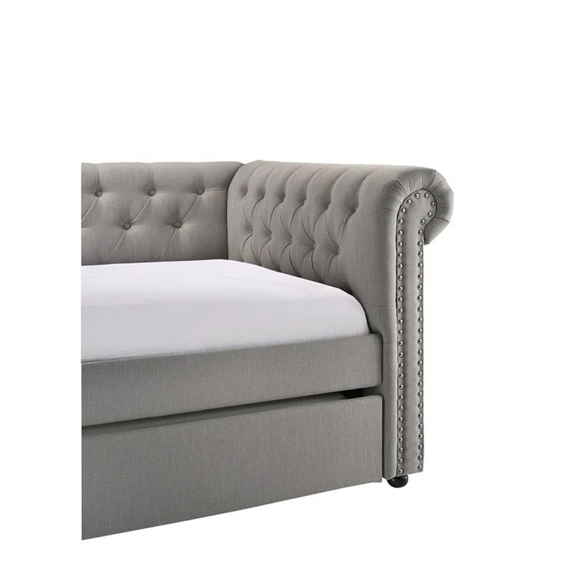 Pemberly Row Chesterfield Daybed w/ Trundle & Crystal Button Tufting - Dove Gray