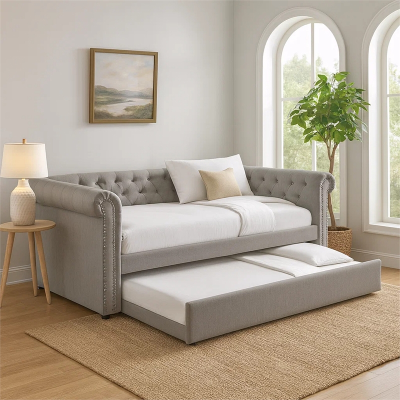 Pemberly Row Chesterfield Daybed w/ Trundle & Crystal Button Tufting - Dove Gray