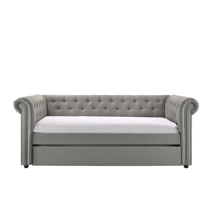 Pemberly Row Chesterfield Daybed w/ Trundle & Crystal Button Tufting - Dove Gray