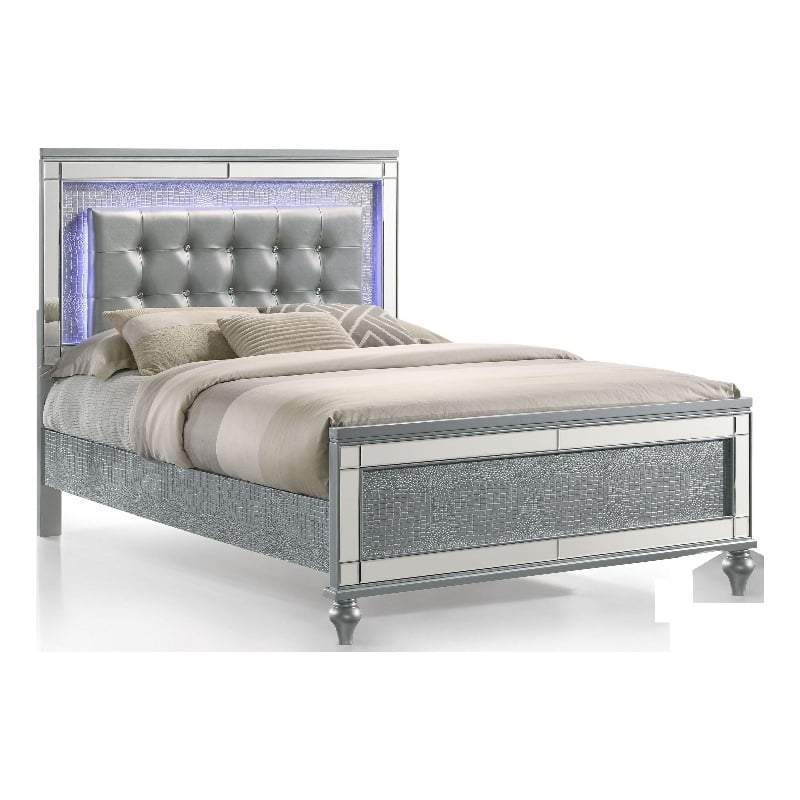 Pemberly Row Full Bed with LED Lights & Tufted Faux Leather Headboard in Silver