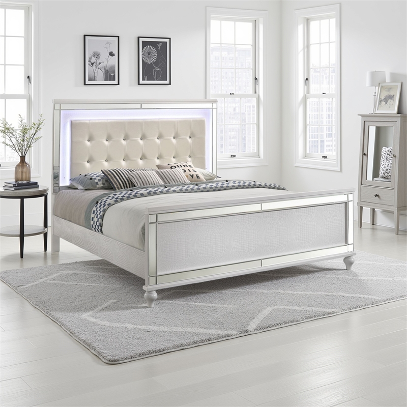 Pemberly Row Queen Bed with LED Lights & Tufted Faux Leather Headboard in White