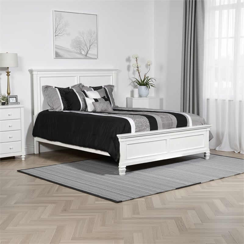 Pemberly Row Queen Size Bed with Classic Panel Design & Molded Details in White