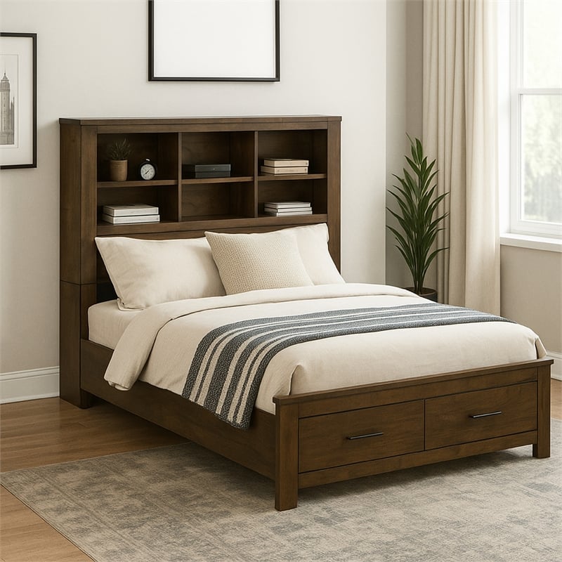 Pemberly Row Queen Platform Bed with Bookcase Headboard & 2 Drawers in Oak Brown