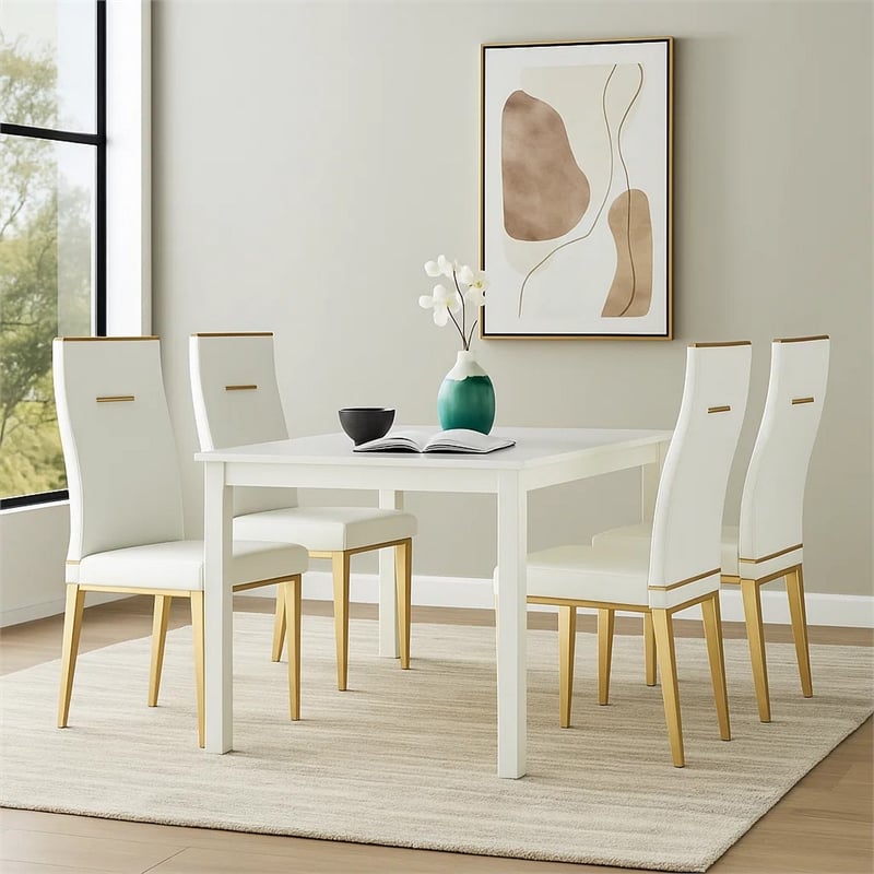 Pemberly Row Set of 4 Vegan Leather Dining Chairs with Gold Metal Base in White