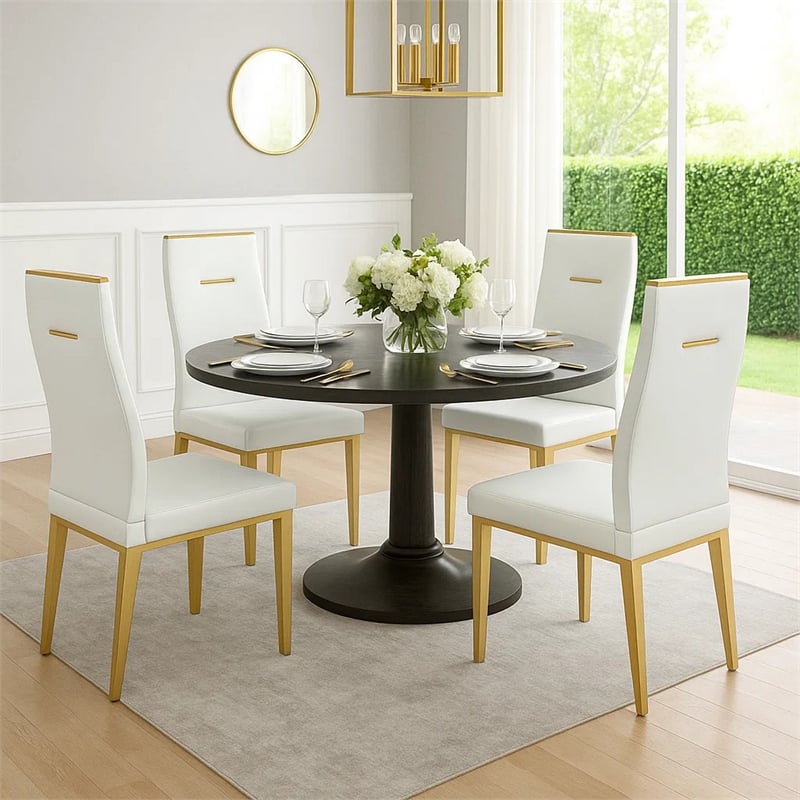 Pemberly Row Set of 4 Vegan Leather Dining Chairs with Gold Metal Base in White