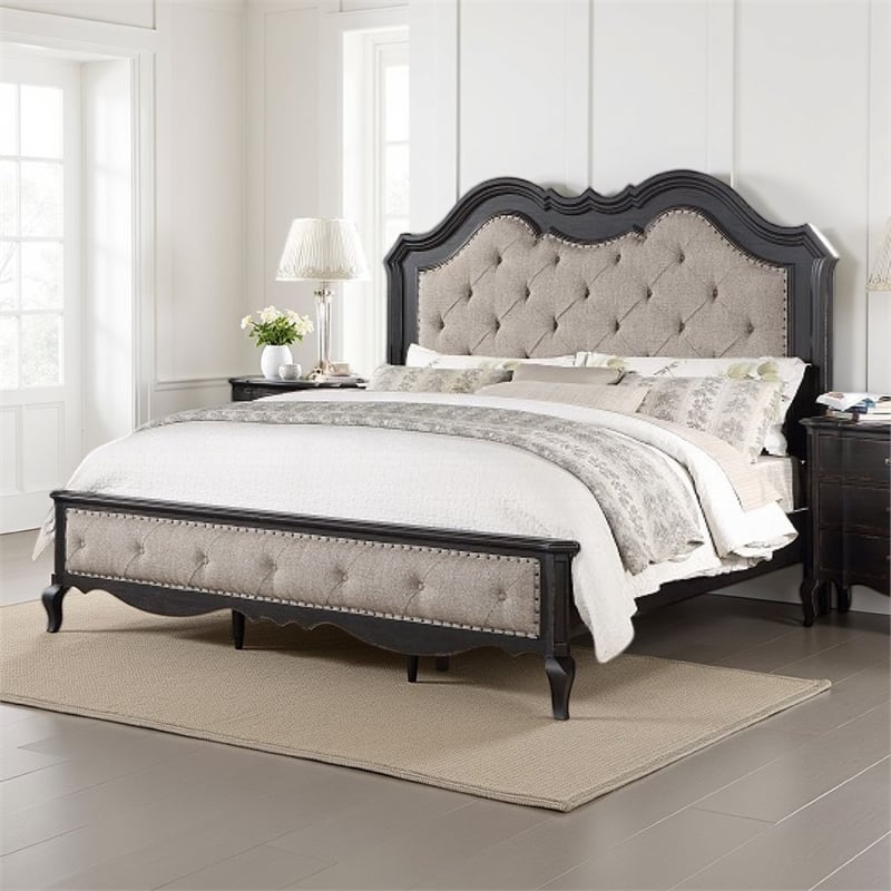 Pemberly Row Queen Bed with Button Tufted Headboard & Cabriole Legs
