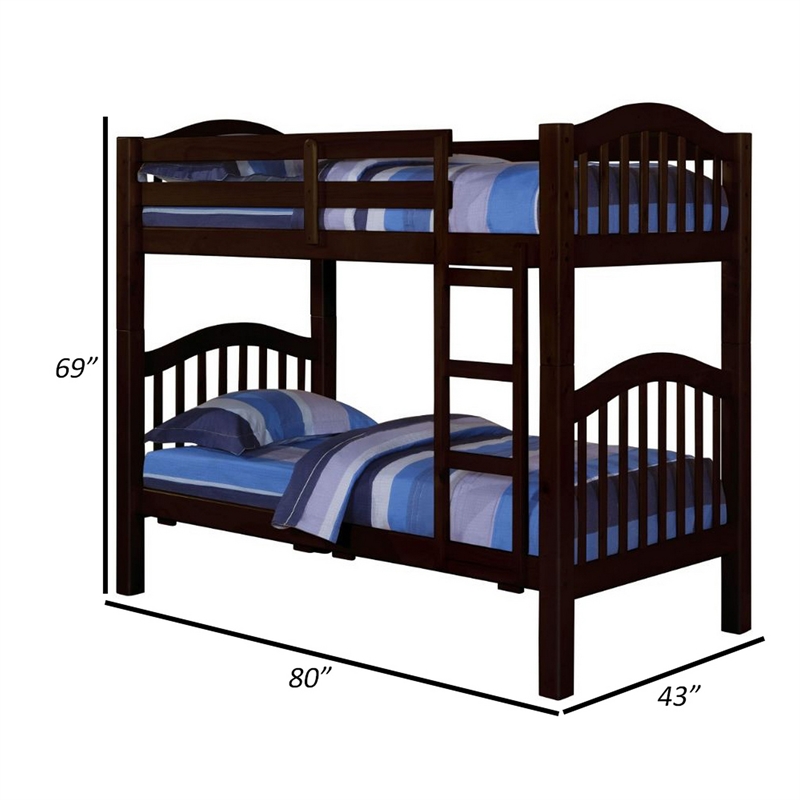 Pemberly Row Twin Over Twin Bunk Bed w/ Slatted Headboard & 14 Slats in Espresso
