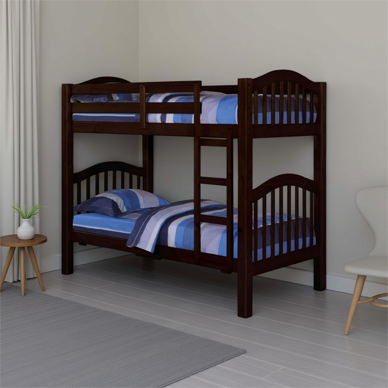 Pemberly Row Twin Over Twin Bunk Bed w/ Slatted Headboard & 14 Slats in Espresso