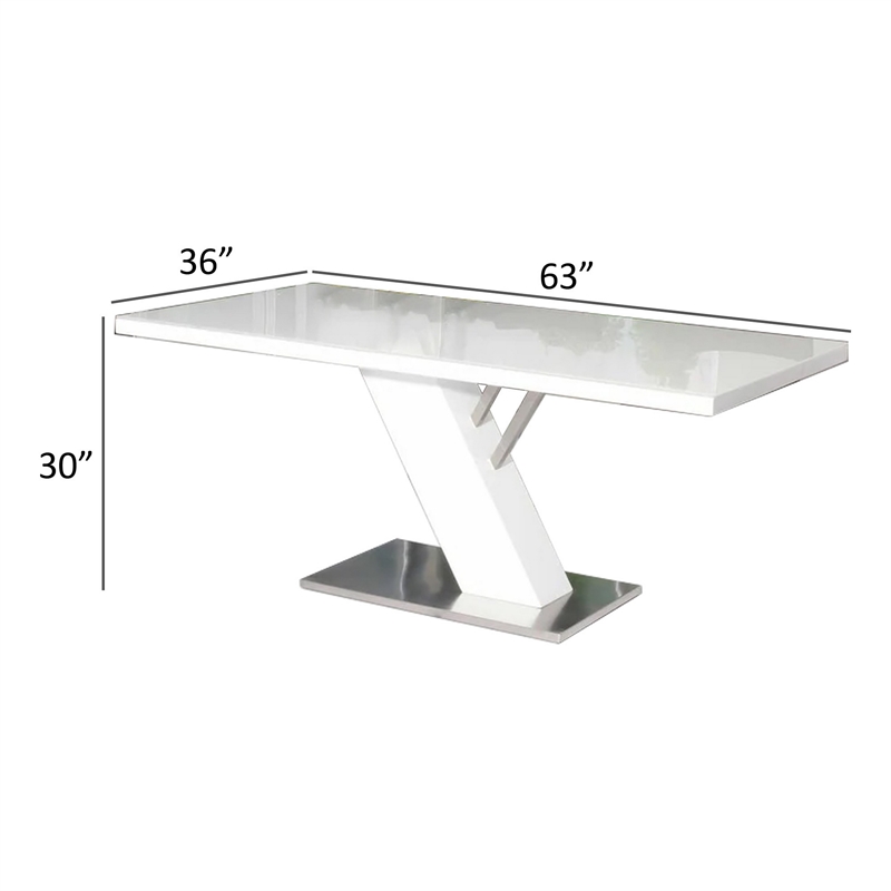 Pemberly Row 63 Inch White Lacquered Dining Table with Stainless Steel Base