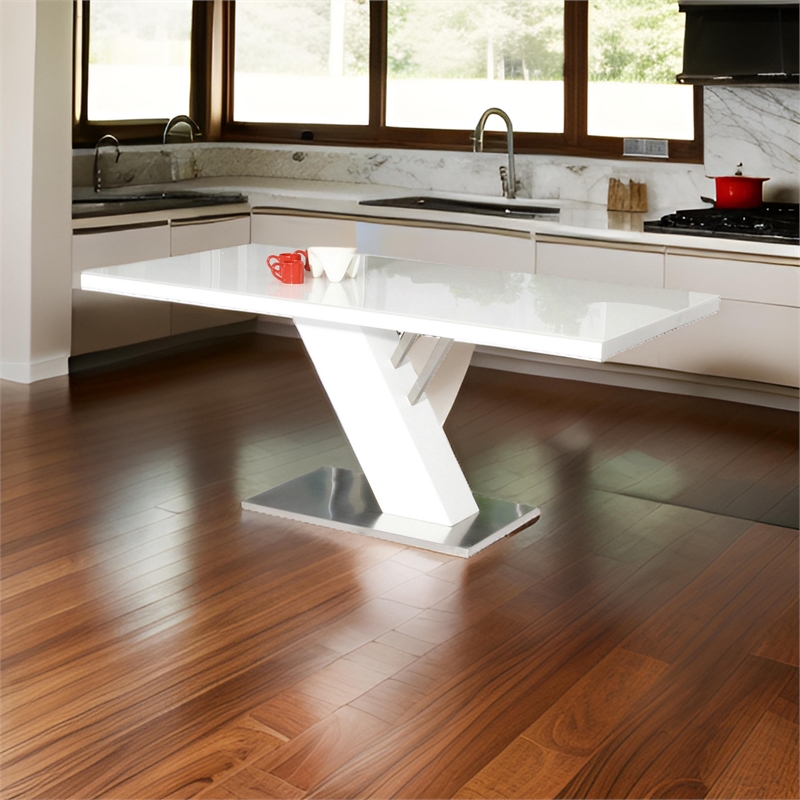 Pemberly Row 63 Inch White Lacquered Dining Table with Stainless Steel Base