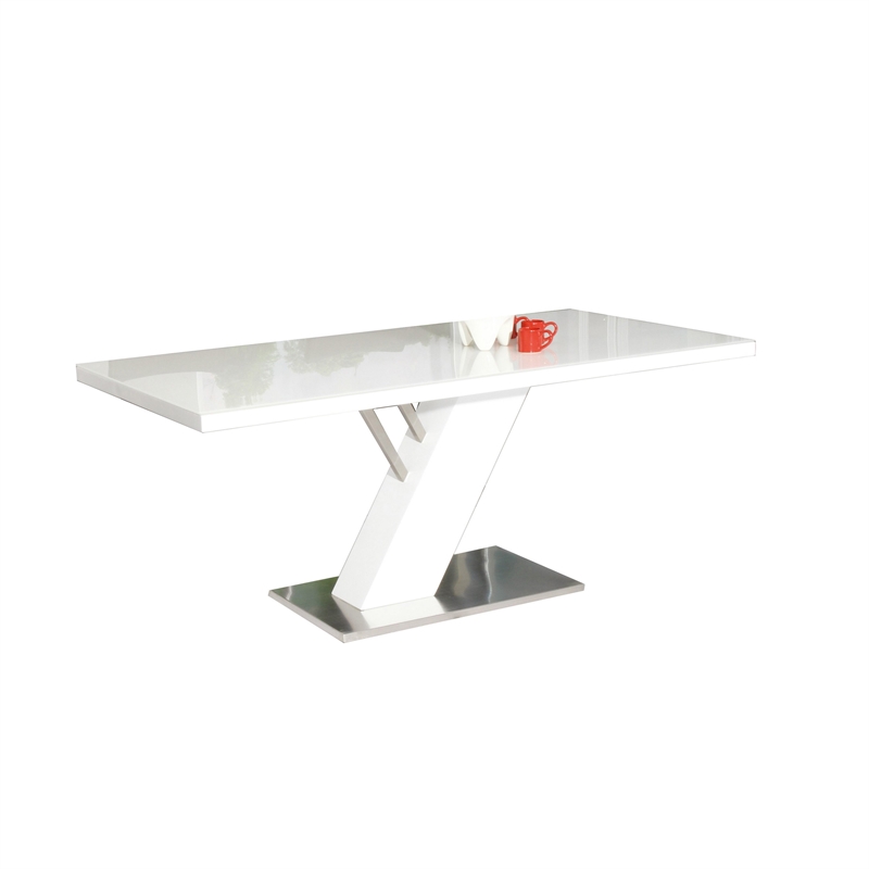 Pemberly Row 63 Inch White Lacquered Dining Table with Stainless Steel Base