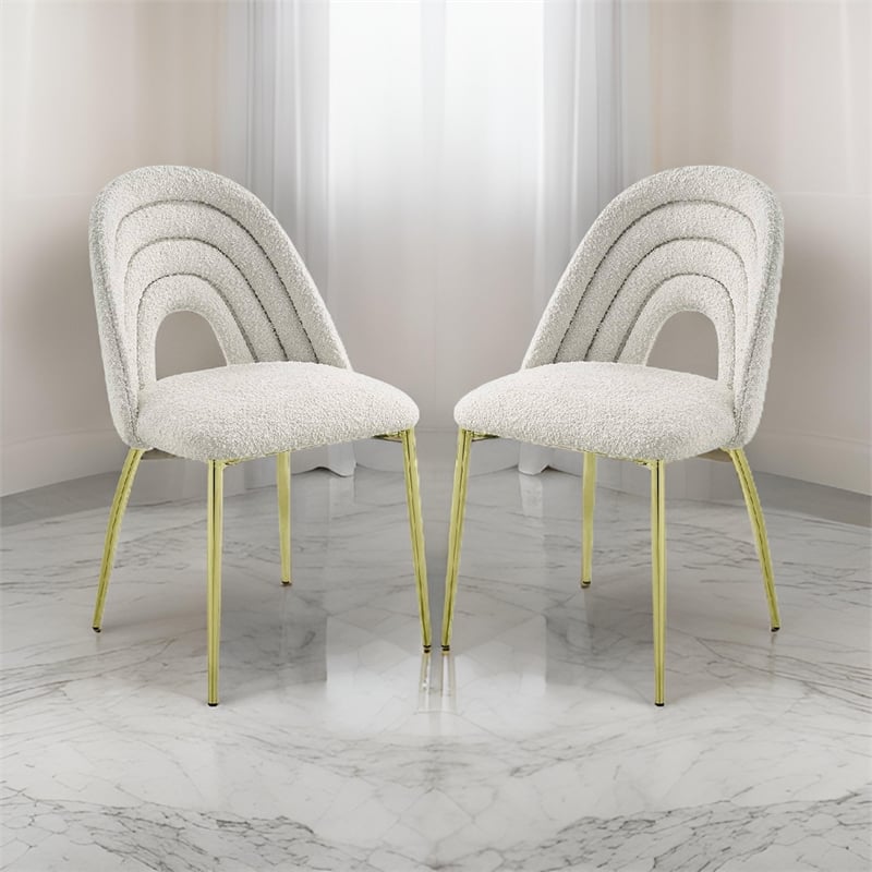 Pemberly Row Set of 2 Sherpa Dining Chairs with Hollow Back & Gold Legs in White