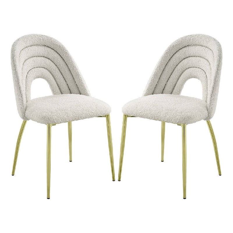 Pemberly Row Set of 2 Sherpa Dining Chairs with Hollow Back & Gold Legs in White