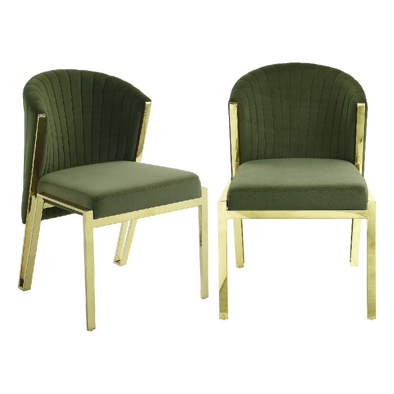 Pemberly Row Set of 2 Green Velvet Dining Chairs w/ Gold Steel Frame & Stitching