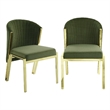 Pemberly Row Set of 2 Green Velvet Dining Chairs w/ Gold Steel Frame & Stitching