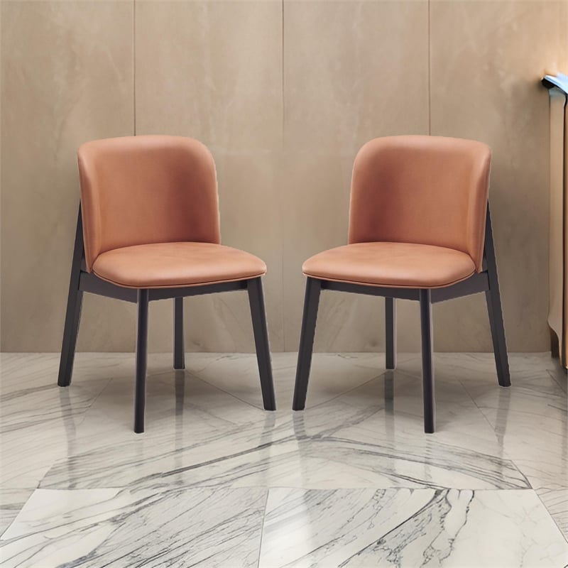Pemberly Row Set of 2 Side Dining Chairs w/ Brown Microfiber Upholstery in Black