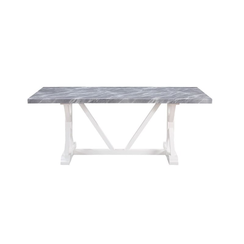 Pemberly Row 78 Inch Dining Table with Faux Stone Top and Trestle Base in White