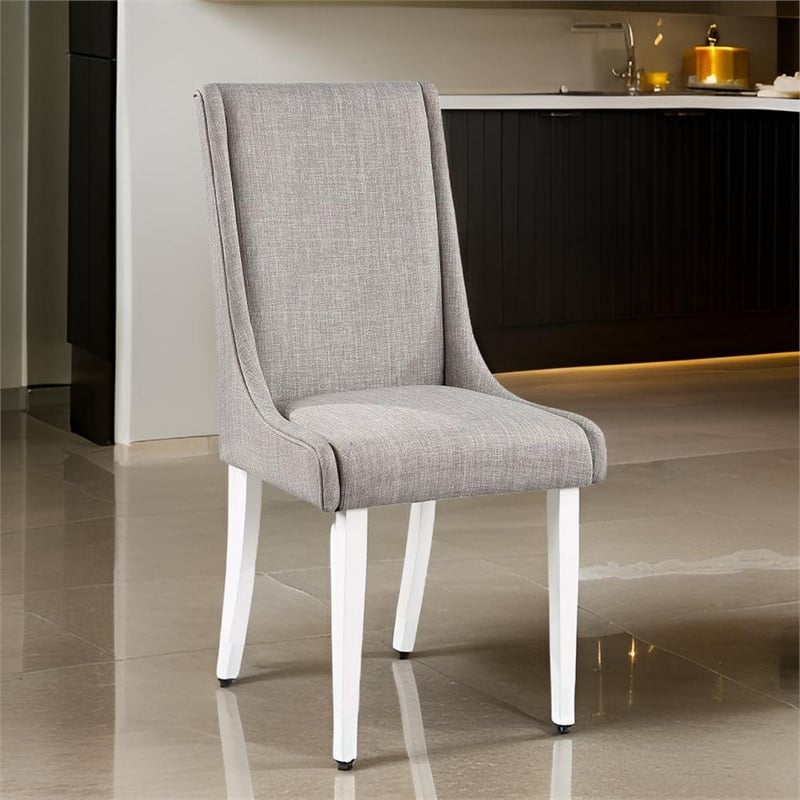Pemberly Row Set of 2 Wingback Dining Chairs with Gray Linen Upholstery in White