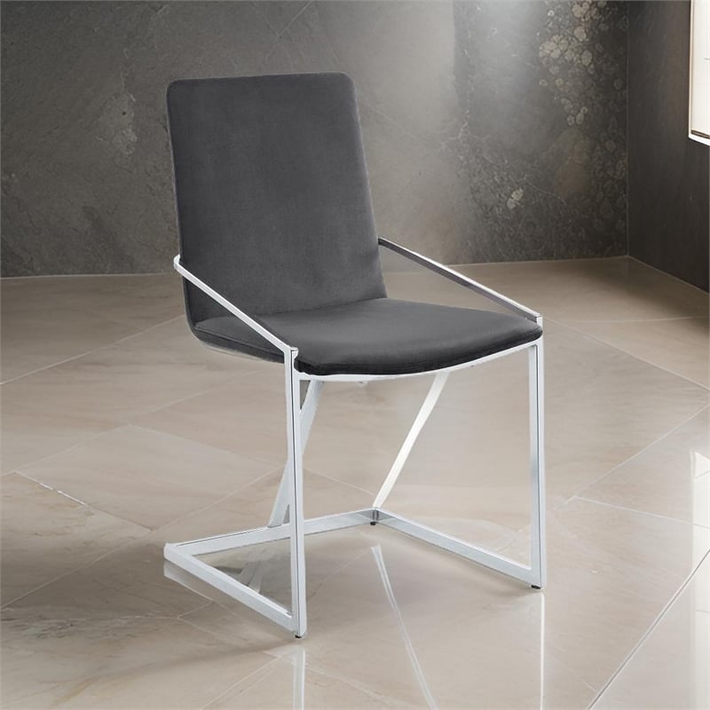 Pemberly Row Set of 2 Gray Velvet Dining Chairs with Chrome Cantilever Base