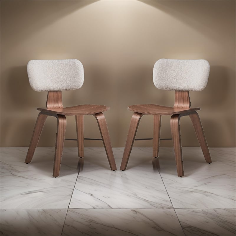 Pemberly Row 2Pc Curved Boucle Dining Chairs with Tapered Legs in White & Walnut