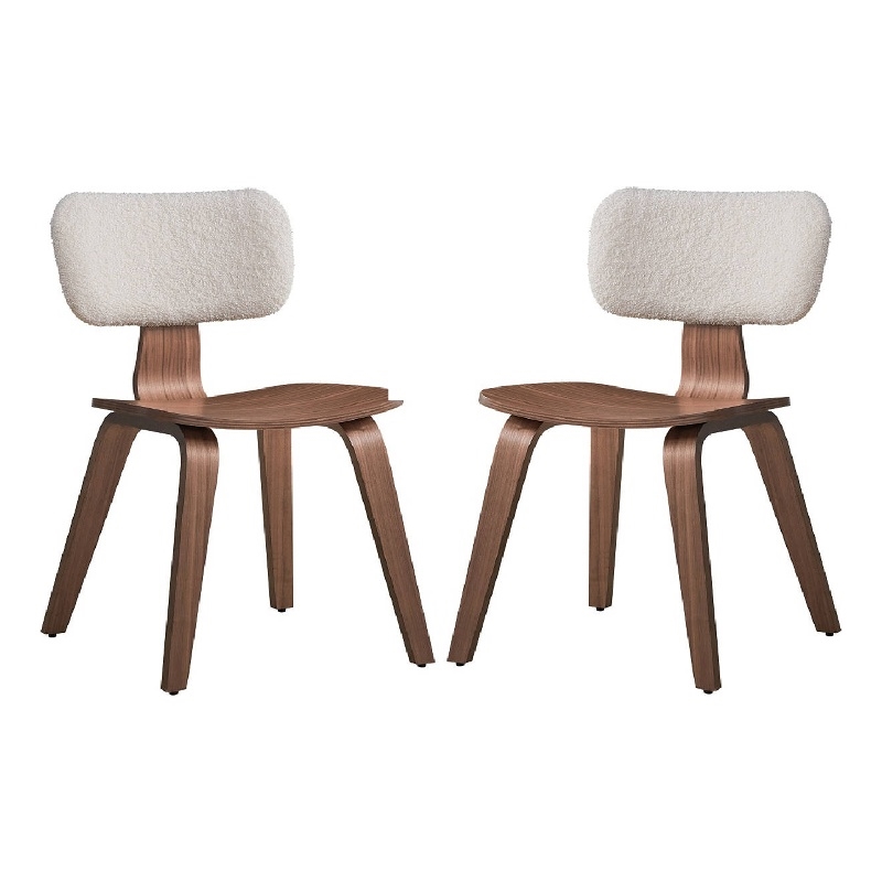 Pemberly Row 2Pc Curved Boucle Dining Chairs with Tapered Legs in White & Walnut