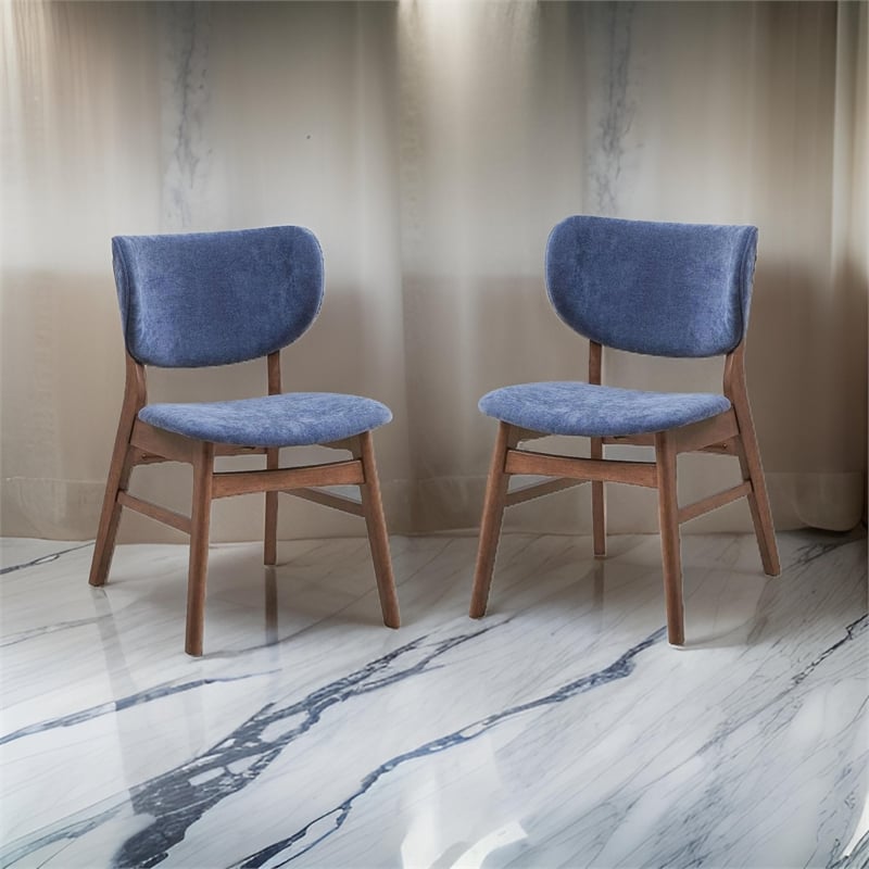Pemberly Row Set of 2 Mid Century Dining Chairs with Blue Fabric in Walnut Brown
