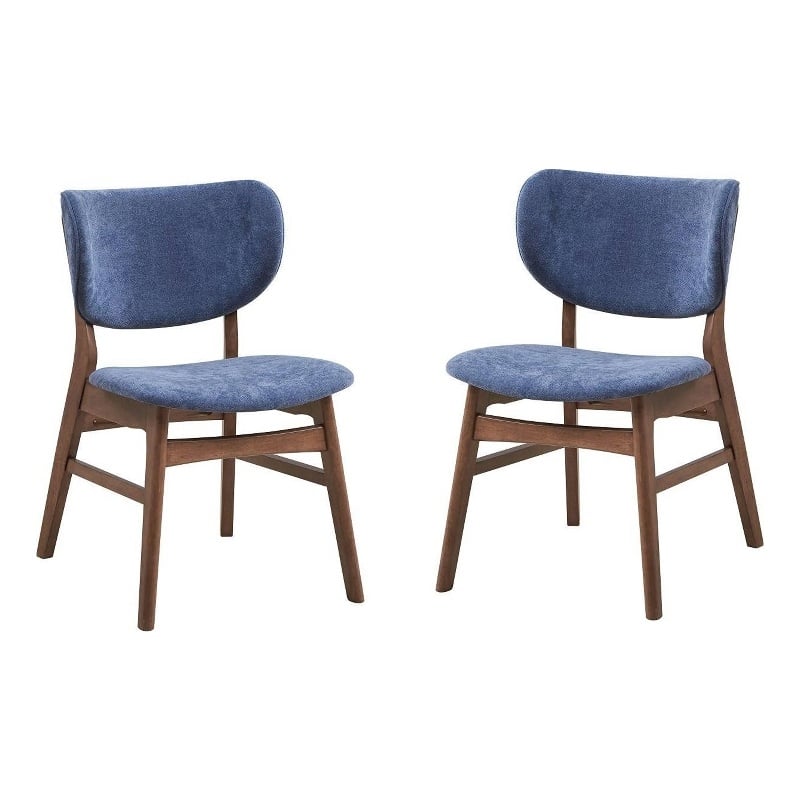Pemberly Row Set of 2 Mid Century Dining Chairs with Blue Fabric in Walnut Brown