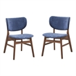 Pemberly Row Set of 2 Mid Century Dining Chairs with Blue Fabric in Walnut Brown