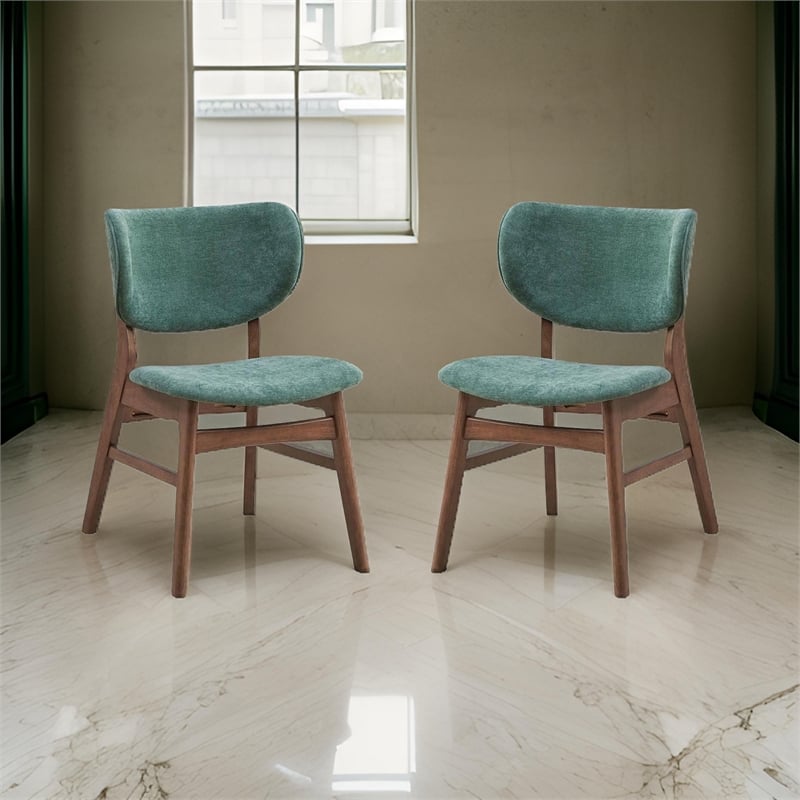 Pemberly Row Set of 2 Mid Century Dining Chairs w/ Green Fabric in Walnut Brown