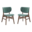 Pemberly Row Set of 2 Mid Century Dining Chairs w/ Green Fabric in Walnut Brown