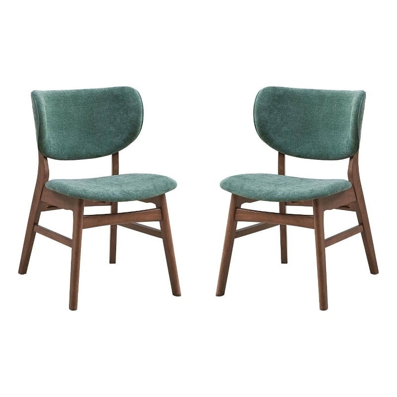 Pemberly Row Set of 2 Mid Century Dining Chairs w/ Green Fabric in Walnut Brown