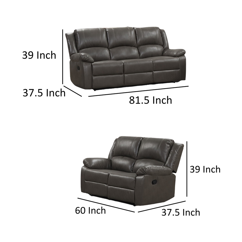 Pemberly Row Manual Reclining Sofa and Loveseat Set with Pillow Top Arms in Gray