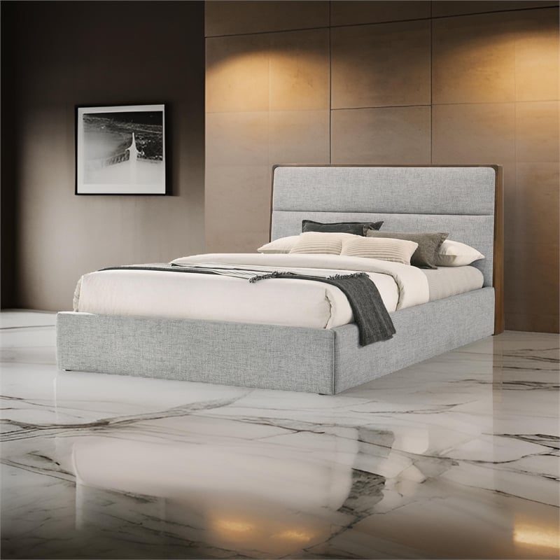 Pemberly Row Queen Platform Bed with Cushioned Upholstery in Gray Polyester
