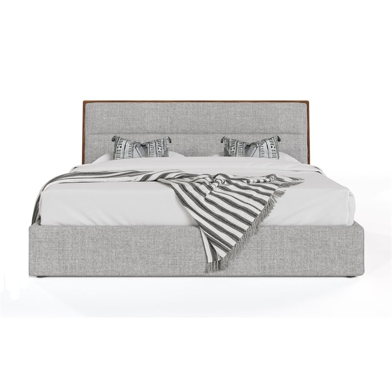 Pemberly Row Queen Platform Bed with Cushioned Upholstery in Gray Polyester