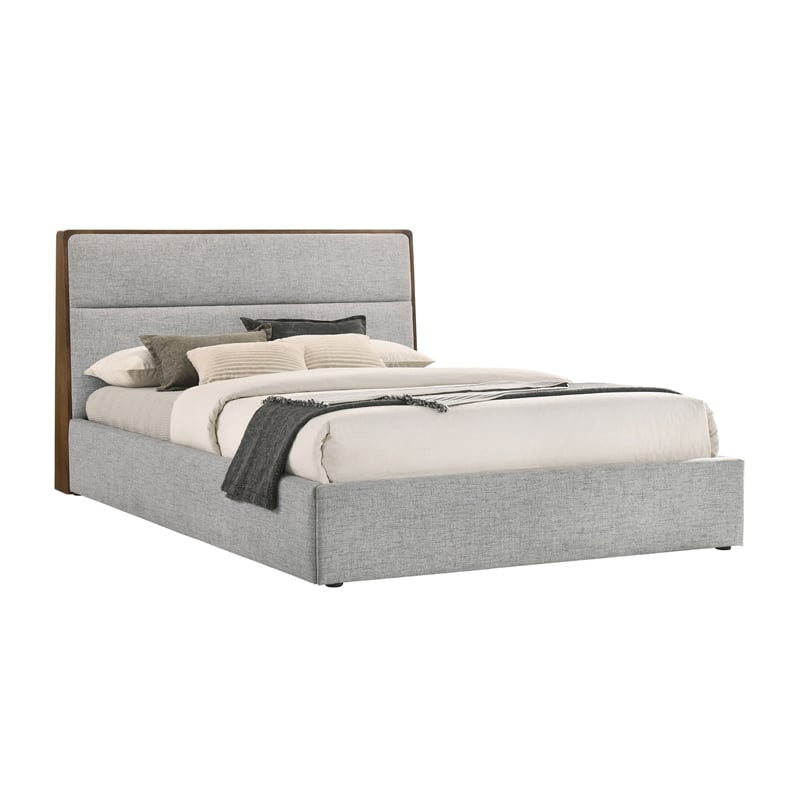 Pemberly Row Queen Platform Bed with Cushioned Upholstery in Gray Polyester