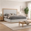 Pemberly Row King Bed with Gray Upholstered Headboard & Natural Rubberwood Frame
