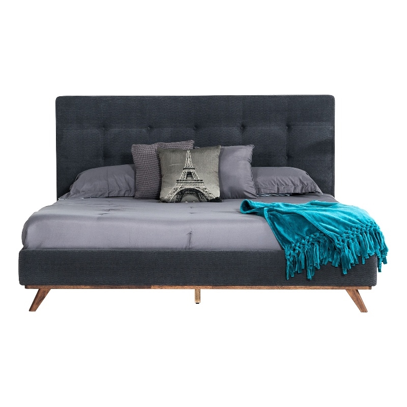Pemberly Row King Platform Bed with Button Tufted Headboard in Gray Polyester
