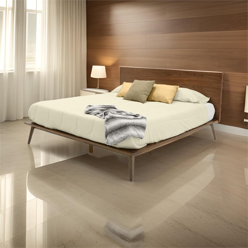 Pemberly Row King Platform Bed w/ Panel Headboard & Tapered Legs in Walnut Brown