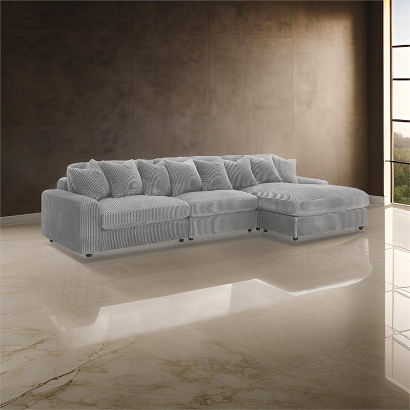 Pemberly Row 3 Piece Sectional Sofa with Reversible Chaise and 8 Pillows in Gray