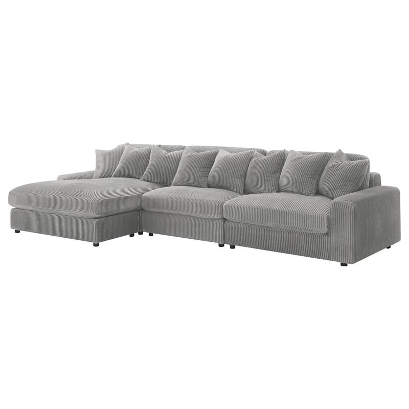 Pemberly Row 3 Piece Sectional Sofa with Reversible Chaise and 8 Pillows in Gray