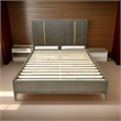 Pemberly Row King Platform Bed with Panel Headboard & Gold Accents in Oak Brown