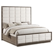 Pemberly Row King Bed w/ Grid Tufted Ivory Headboard & Plinth Base in Oak Brown