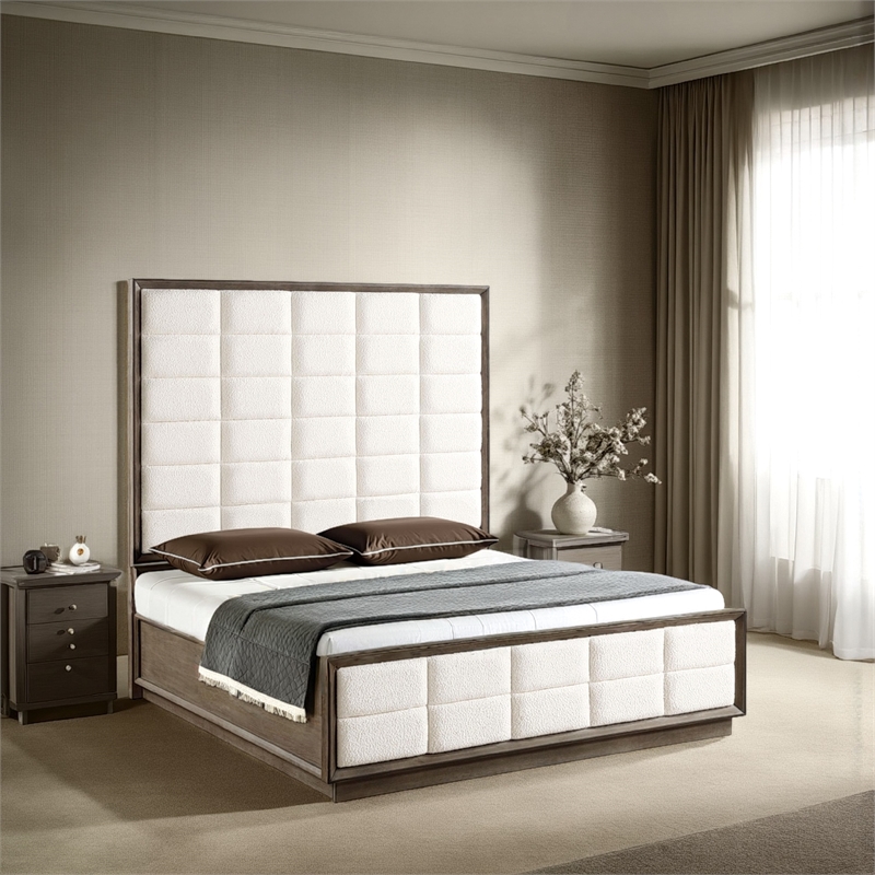Pemberly Row King Bed w/ Grid Tufted Ivory Headboard & Plinth Base in Oak Brown