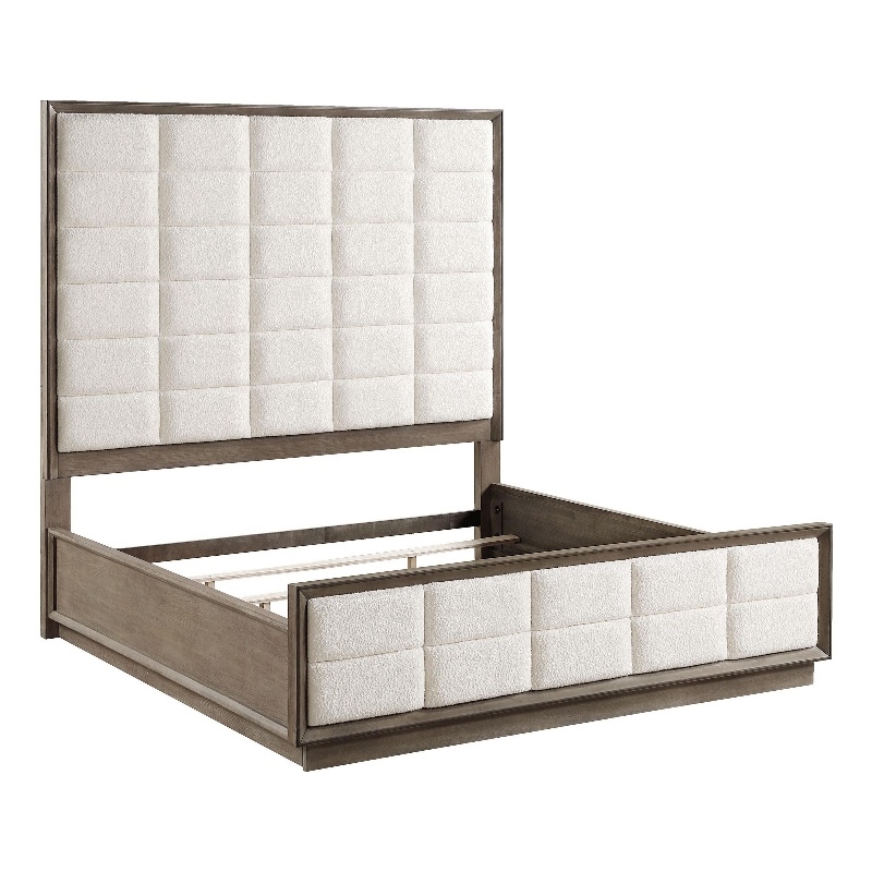 Pemberly Row King Bed w/ Grid Tufted Ivory Headboard & Plinth Base in Oak Brown