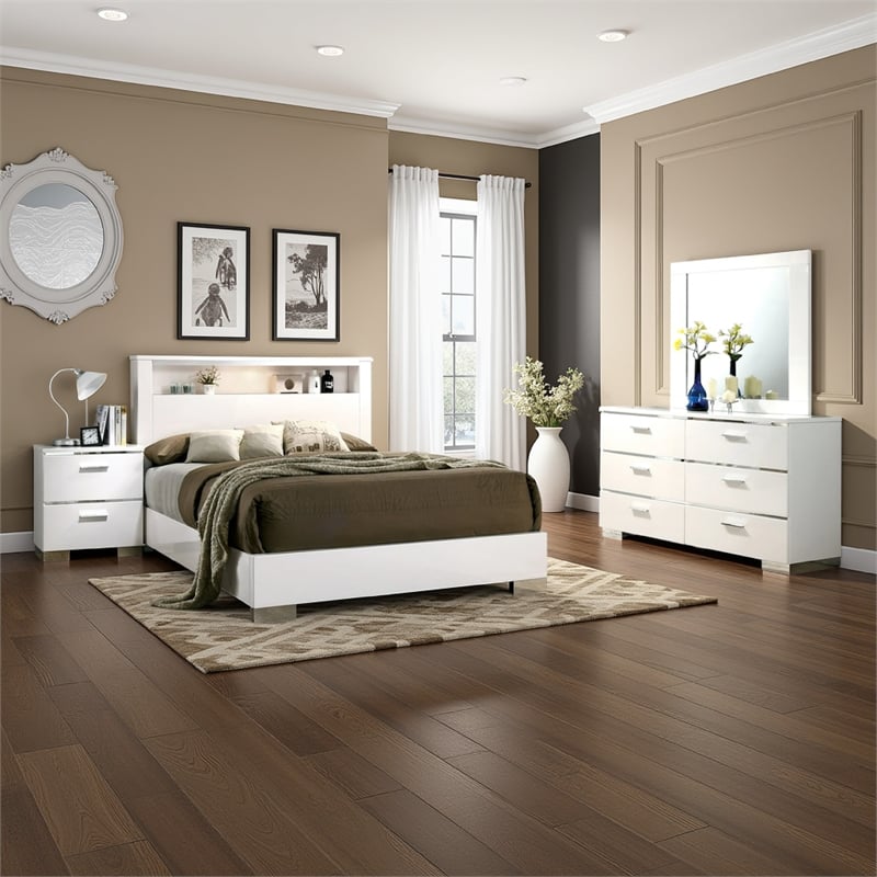 Pemberly Row 4 Pc King Bedroom Set with LED Headboard & Chrome Accents in White
