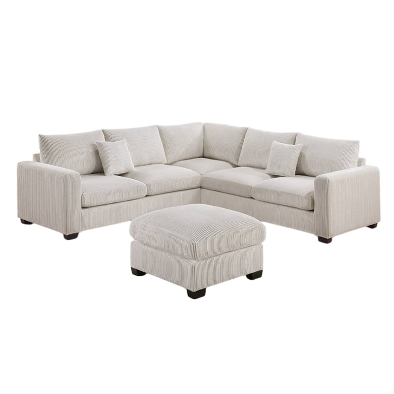 Pemberly Row 4 Piece L Sectional Sofa with Ottoman and 2 Accent Pillows in Ivory
