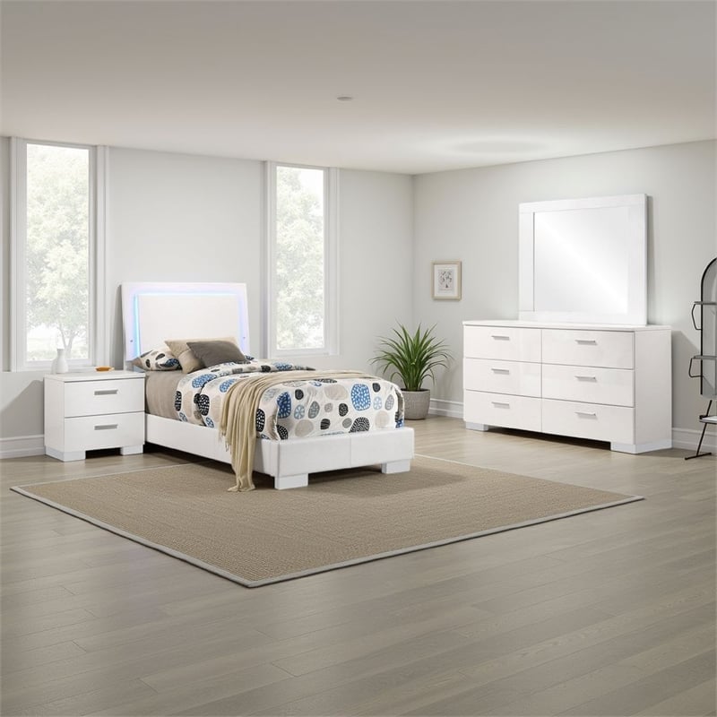 Pemberly Row 4 Pc Twin Bedroom Set with LED Headboard & Chrome Hardware in White
